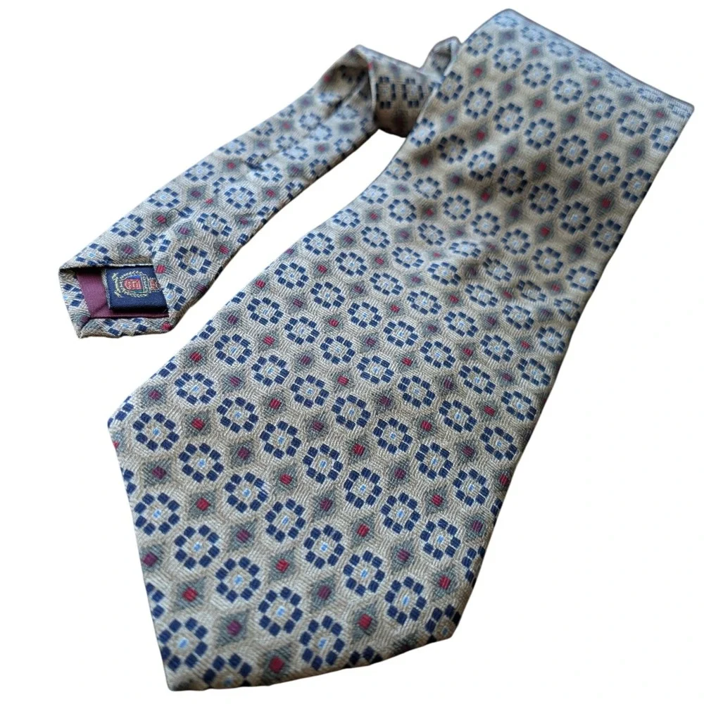 VTG Chaps‎ Ralph Lauren Men's Silk Necktie Geometric Pattern Tan Blue Red